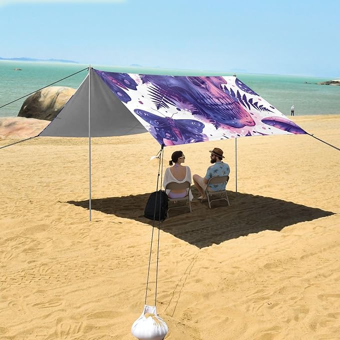 ALAZA Skull Butterfly Beach Tent Sun Shelter UPF50+ Protection Beach Shade Canopy w/ 4 Sandbags for Outdoor Camping Fishing Backyard Fun Picnic 10x9 ft