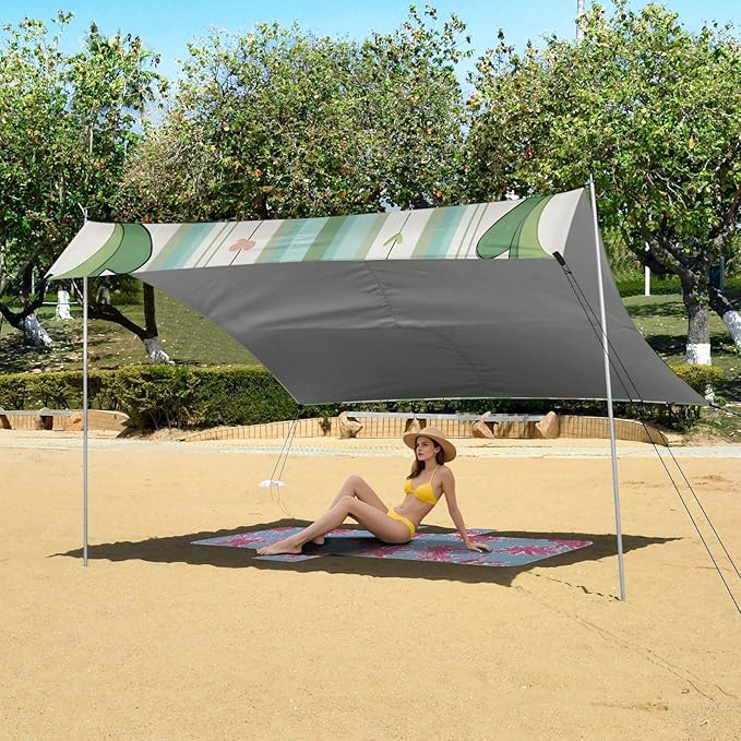 Frog with Floral Stripes Beach Tent Sun Shelter Set UPF50+ UV Protection 10.5 x 9.19 FT Camping Shade Canopy with Sandbags Sand Anchors Carrying Bag and Others