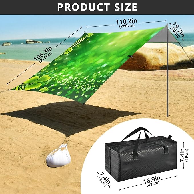 Beach Canopy with Windproof Ropes &amp Sandbags Beach Tent Sun Shade Sun Shelter for Camping Trips Fishing Backyard Fun or Picnics St. Patrick's Day Clover