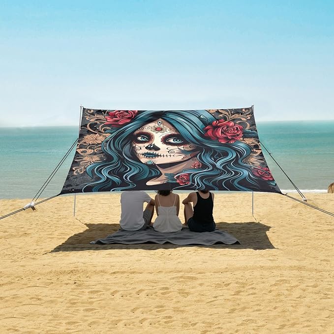 ALAZA Sugar Skull Girl Blue Hair Beach Tent Sun Shelter Portable Canopy Sunshade for Outdoor Camping Picnics Backyard Fun 10x9 ft