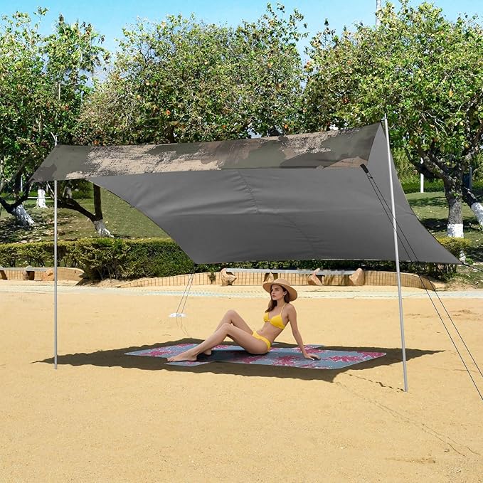 Camouflage with Grunge Elements_1 Beach Cabana UPF50+ Waterproof Portable Sun Shelter Includes Sand Shovel Sandbags Stability Poles for Camping Picnics Backyard