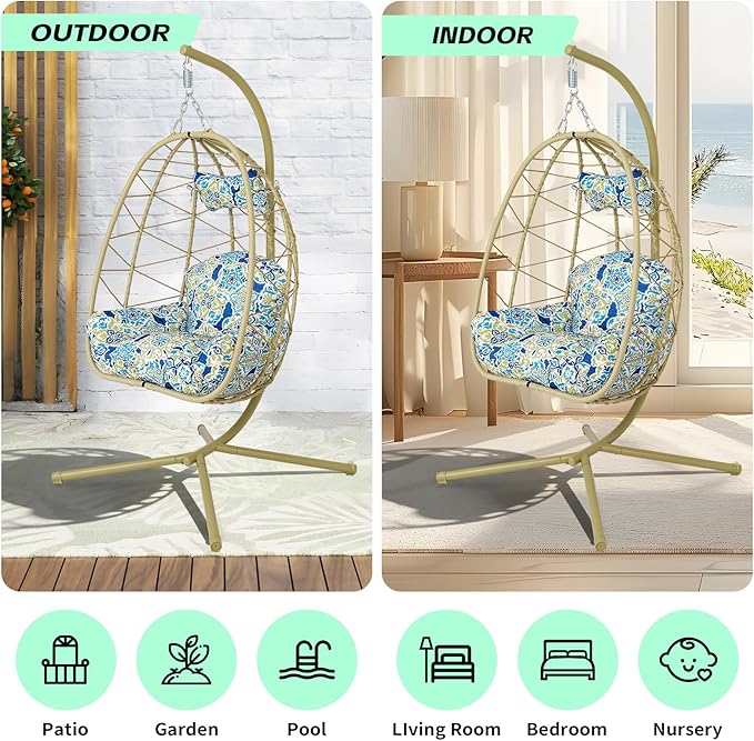 Hanging Egg Chair with Stand Outdoor Indoor Patio Rattan Swing Hammock Chairs with Washable Cushion PE Wicker Swing Chair for Backyard Bedroom Garden (Cyan + Floral Cushion No Footrest)