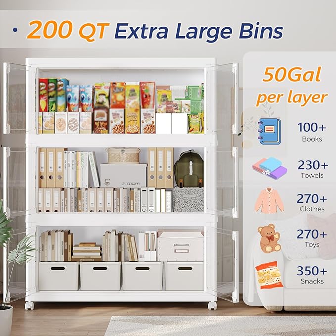 150Gal/600QT 3-Tier Stackable Collapsible Storage Bins Extra Large Closet Organizers with Lid &amp Wheels &amp Doors Foldable Plastic Cabinet Container for Clothes Snack Craft Organizing White