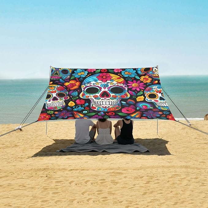 ALAZA Sugar Skull Day of Dead Beach Tent Sun Shelter UPF50+ Protection Beach Shade Canopy w/ 4 Sandbags for Outdoor Camping Fishing Backyard Fun Picnic 10x9 ft
