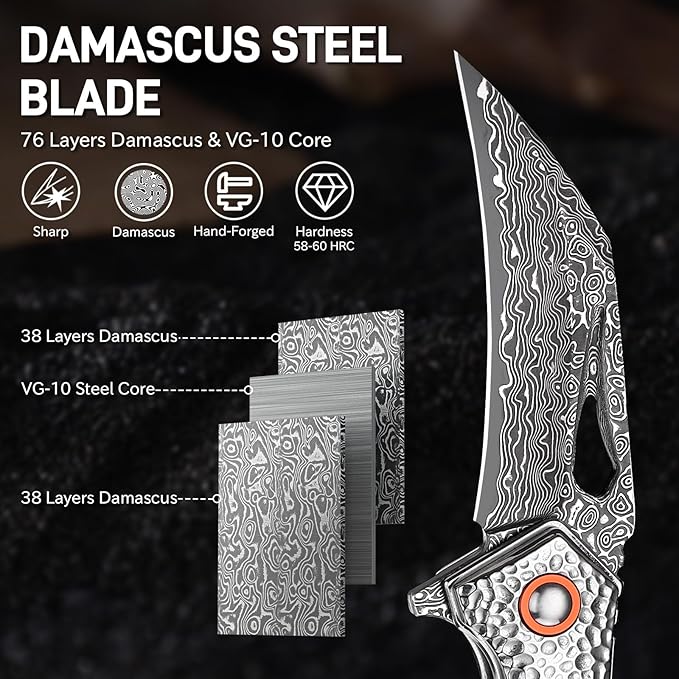 Damascus Pocket Knife for Women 2.95 Sharp Damascus Steel Blade Abalone Shell Handle EDC Folding Knives for Camping Hiking