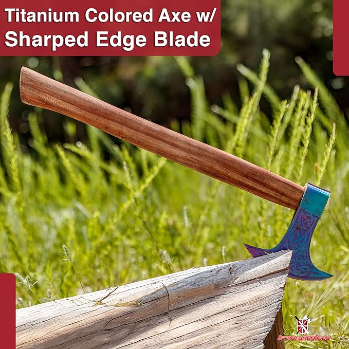 Armory Replicas™ Titanium Colored Decorative Axe – 23 Sheesham Wood Handle with Knot Work Motif and Crescent Blade