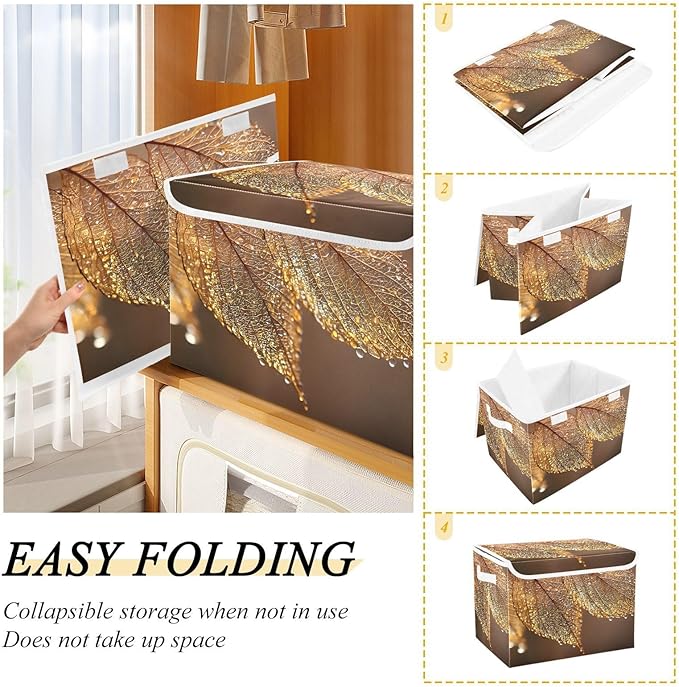 Elegant Leaf Storage Basket Bins with Lid Collapsible Flip-top with Handle for Home Office 16.5×12.6×11.8 in
