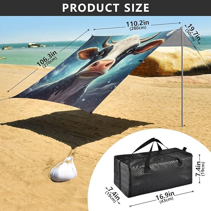 ALAZA Cow Portrait Cartoon Space Beach Tent Sun Shelter Portable Canopy Sunshade for Outdoor Camping Picnics Backyard Fun 10x9 ft