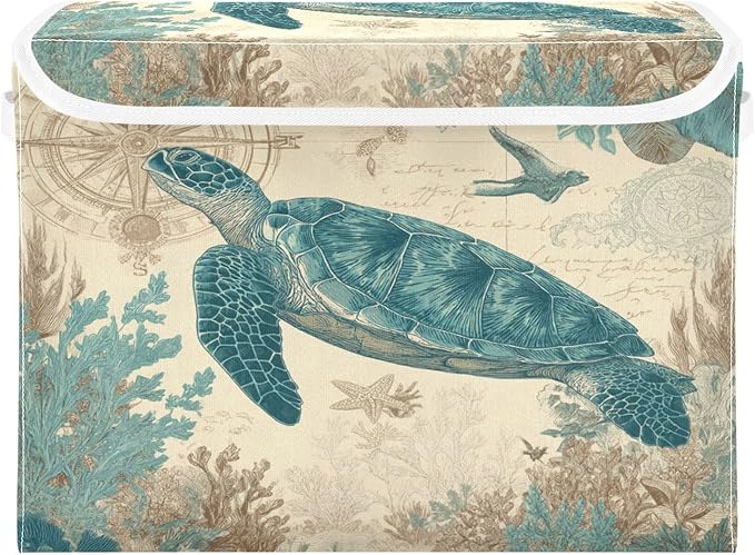 Retro Sea Turtle Compass Collapsible Storage Bins with Lids Decorative Fabric Cubes Closet Organizer Basket Boxes Containers for Clothes Box Chest Folding Rectangle