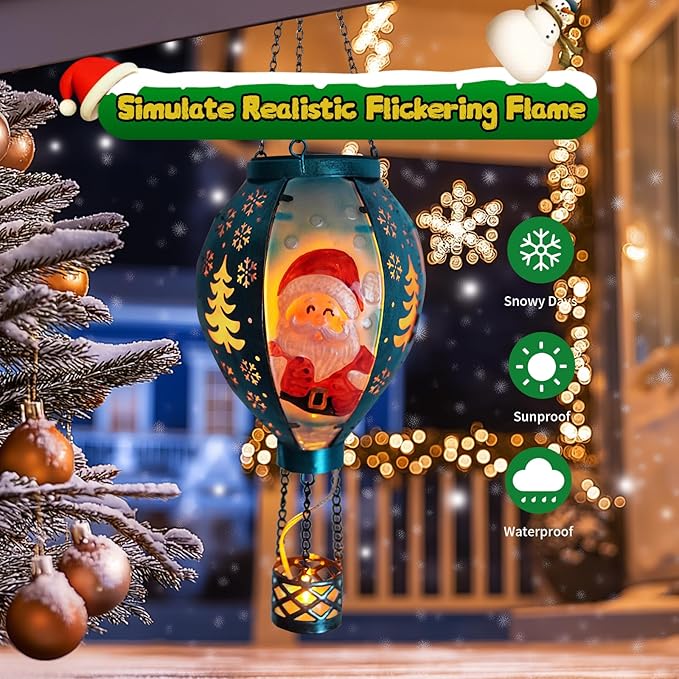 Outdoor Hot Air Balloon Solar Lanterns with Flame Solar Lights Outdoor Waterproof Hanging Christmas Lanterns Decor for Patio Porch Xmas Holiday Party(Santa Claus)