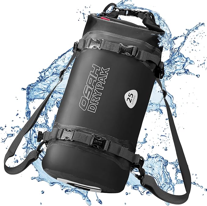 OSAH DRYPAK 25L Waterproof Dry Bag - Motorcycle Luggage Tail Bag with Straps for Back Seat Roll Top Lightweight Waterproof Backpack Sack for Travel Swimming Boating Kayaking Camping and Beach