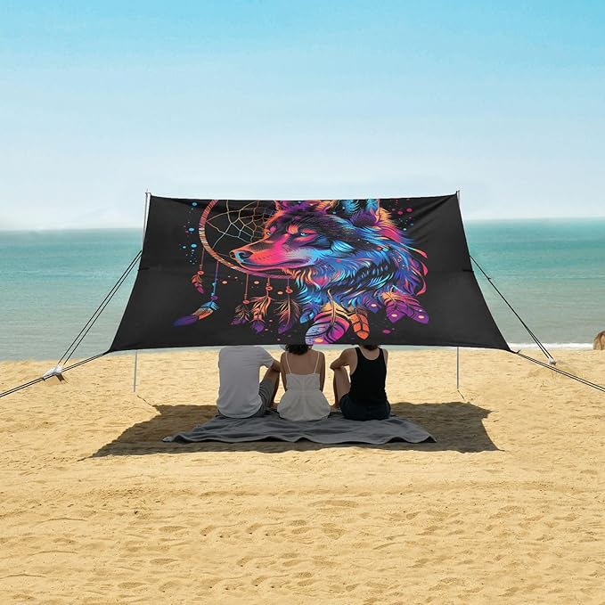 ALAZA Dreamcatcher Wolf Rainbow Color Beach Tent Sun Shelter UPF50+ Protection Beach Shade Canopy w/ 4 Sandbags for Outdoor Camping Fishing Backyard Fun Picnic 10x9 ft