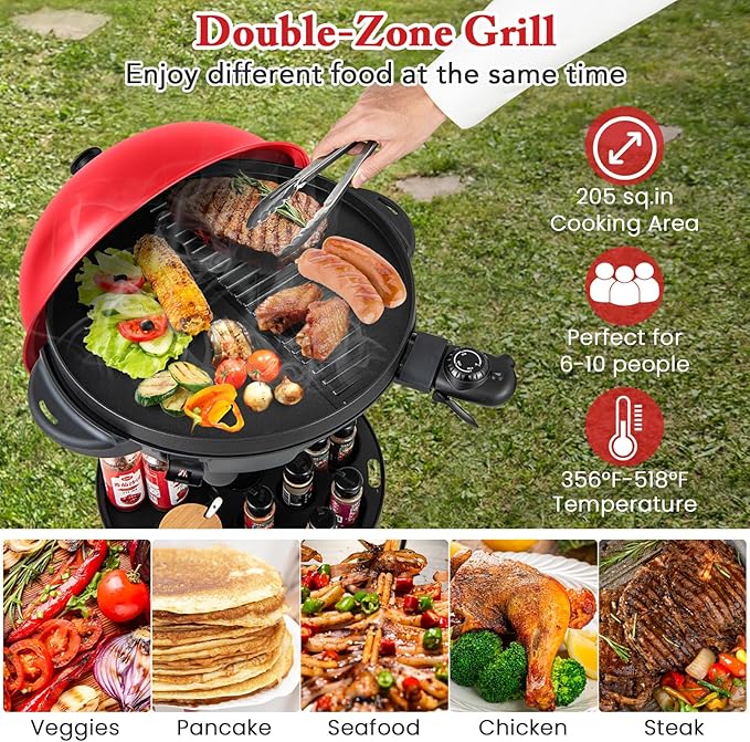 1200W Electric Grill Outdoor 2-in-1 Freestanding &amp Tabletop BBQ Grill w/Thermometer Nonstick Griddle Lid &amp Drip Tray Portable Camping Grill for Patio Backyard Party (Red)