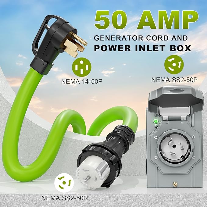 50 Amp Generator Cord and Power Inlet Box Kit 15Feet 50A 4 Prong Heavy Duty RV Extension Cord NEMA 14-50P to SS2-50R STW 6/3+8/1 AWG Gauge Wire Cable for RV Camper &amp HousePre-Drilled ETL Listed