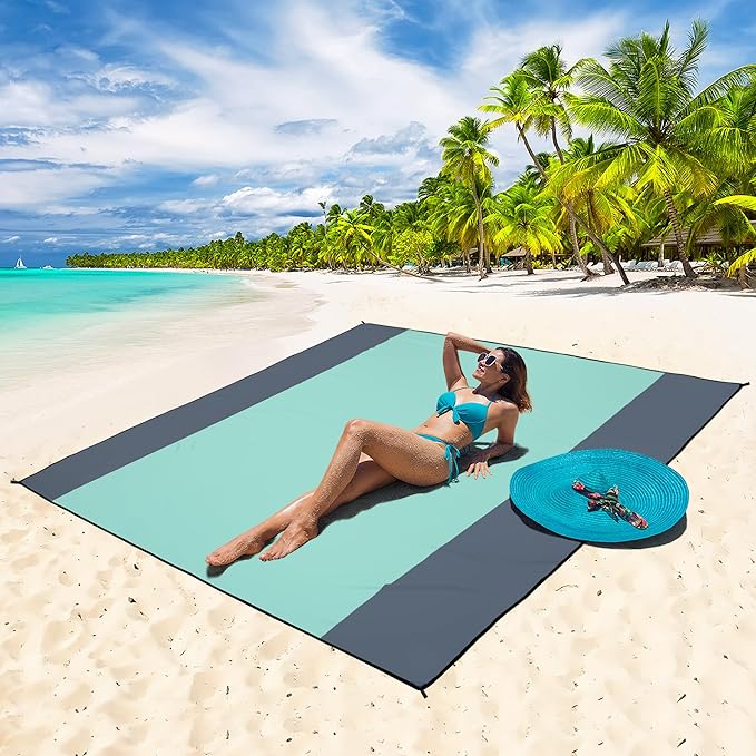 WIWIGO Beach Blanket Waterproof Sandproof Beach Mat 79 X 83/10'x9'for 2-8 Adults Quick Drying Outdoor Picnic Mat Beach Accessories for Travel Camping Hiking