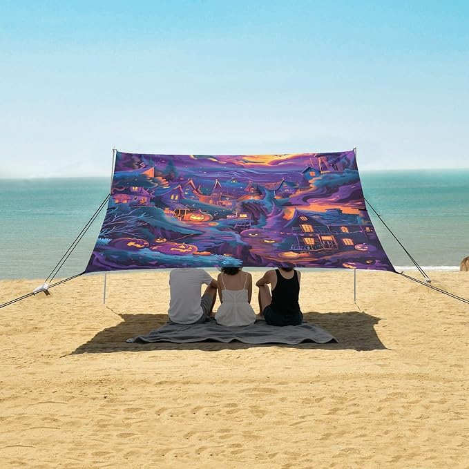 ALAZA Halloween Town Ghost Beach Tent Sun Shelter UPF50+ Protection Beach Shade Canopy w/ 4 Sandbags for Outdoor Camping Fishing Backyard Fun Picnic 10x9 ft