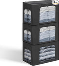 GuliPostan 3 Pack 40L Stackable Clothes Storage Bins with Metal Frame Handles &amp Zipper Collapsible Closet Organizer Box with Lid for Bedding Blankets Towel (Black)