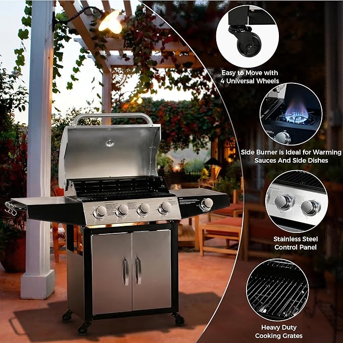 MASTER COOK 4+1 Burners Gas Grill 518 Sqin Cooking Area 52000 BTU Propane Grill with Side Burner Stainless Steel Cabinet Grill Silver &amp Black