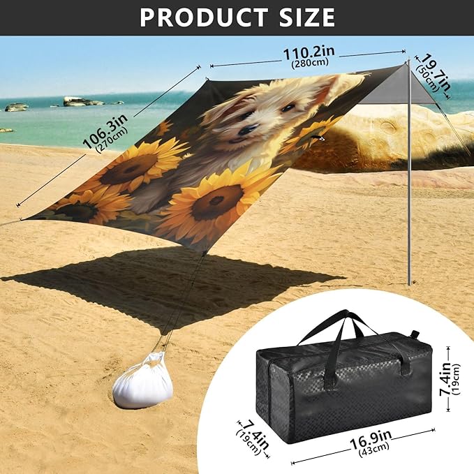 ALAZA Cute Dog with Sunflowers Beach Tent Sun Shelter Portable Canopy Sunshade for Outdoor Camping Picnics Backyard Fun 10x9 ft
