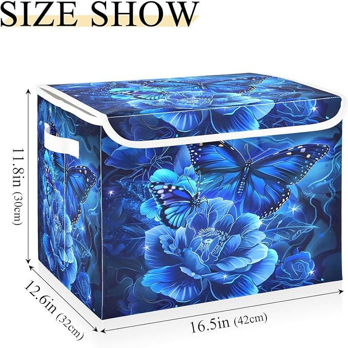 MNSRUU Containers Baskets with Lids Blue Rose Butterfly Fabric Foldable Storage Bins Organizer with Lid Collapsible Storage Boxes for Home Bedroom Closet Office