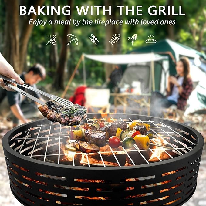 3-in-1 Fire Pit with Grill &amp Lid 23 Outdoor Fire Pit Table Cast Iron Wood Burning Firepit Heavy Duty Fire Bowl for Outside Patio Backyard Fireplaces Large BBQ Pit Table with Fire Poker