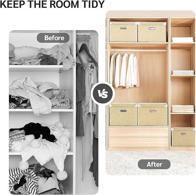 CONTAIL 19.7 58 Quart Collapsible Storage Bins with Foldable LidsStackable Linen Fabric Closet Boxes with Handle19.68”X13.77”X12.2”Khaki