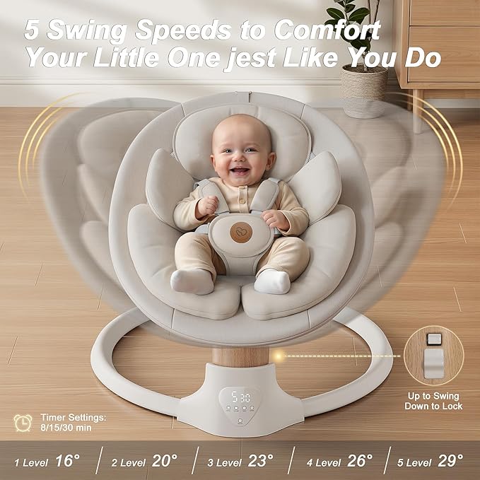 Baby Swings for Infants FasonBaby Electric Baby Swing with 10 Preset Melodies 5 Speeds Remote Control and Bluetooth - Portable Infant Swing for Indoor and Outdoor(Beige)