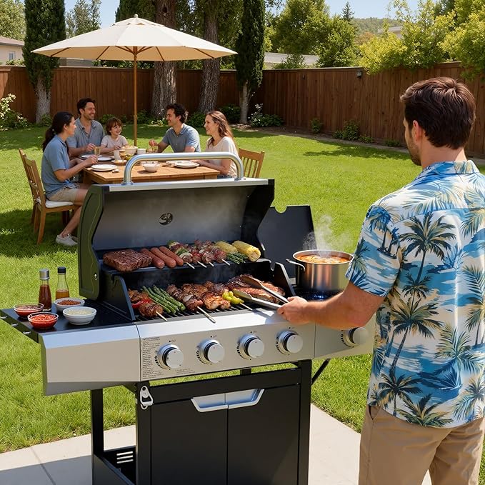 EUHOME Upgraded 51000 BTU Stainless Steel Burner Barbecue Grill 4 Burner BBQ Propane Gas Grill with Side Burner 452 sq. in Cooking Area with Porcelain for Patio Camping Outdoor Cooking