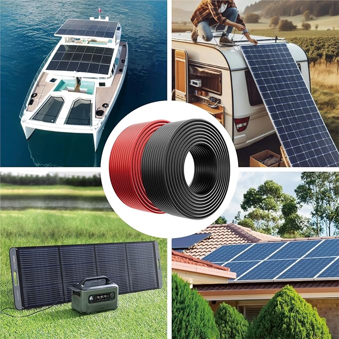 Solar Panel Wire 2X 50ft (Black+Red) 10AWG Tinned Copper Extension Cable for Solar Panel Off Grid Solar System Outdoor Automotive RV Boat