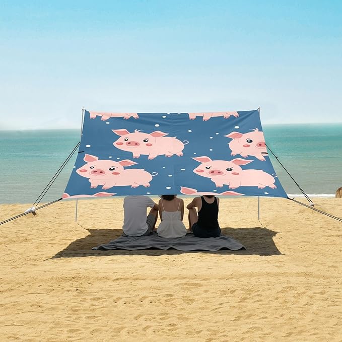 ALAZA Blue Background with Cute Pigs Seamless Beach Tent Sun Shelter Portable Canopy Sunshade for Outdoor Camping Picnics Backyard Fun 10x9 ft