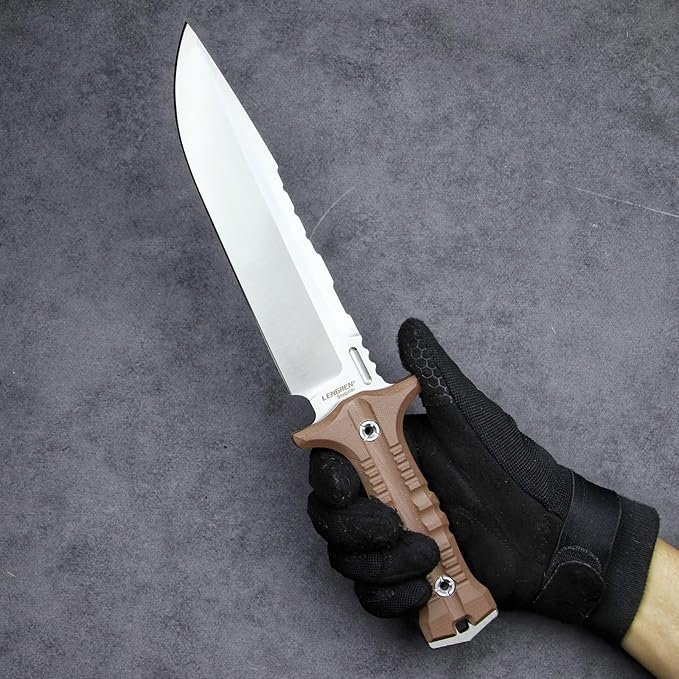 Dragon 12.8 Inch Sleipner Steel Full Tang Fixed BladeOutdoor Camping Tactics KnifeSatin PolishingG10 Handle with leggings Kydex Sheath (Brown handle white blade)