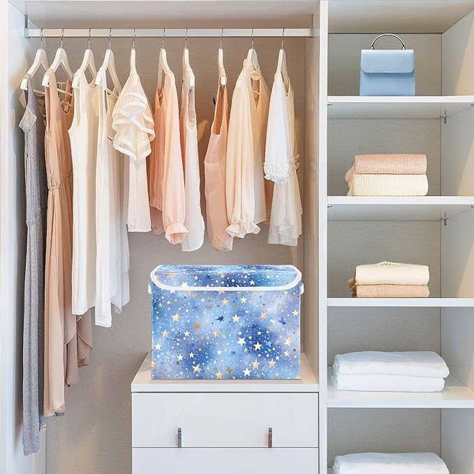 Collapsible Storage Bins with Lids Decorative Fabric Storage Cubes Closet Organizer and Storage Basket Boxes Containers for Clothes Box Chest Folding Rectangle Blue Romantic Golden St