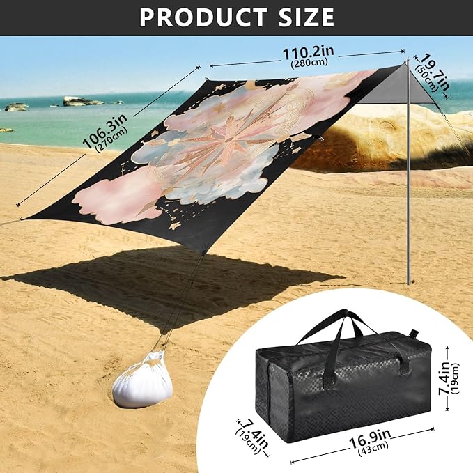 ALAZA Moon Stars Compass Alchemy Beach Tent Sun Shelter UPF50+ Protection Beach Shade Canopy w/ 4 Sandbags for Outdoor Camping Fishing Backyard Fun Picnic 10x9 ft