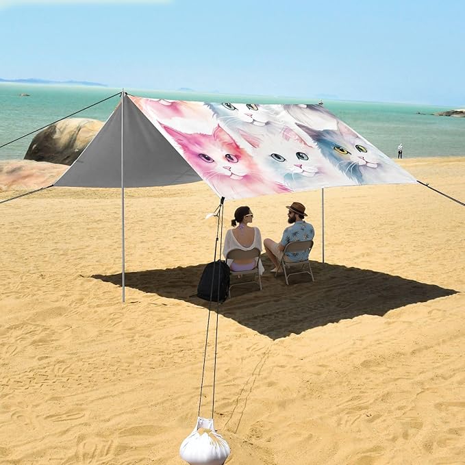 ALAZA Cute Cat Watercolor Kitten Beach Tent Sun Shelter UPF50+ Protection Beach Shade Canopy w/ 4 Sandbags for Outdoor Camping Fishing Backyard Fun Picnic 10x9 ft