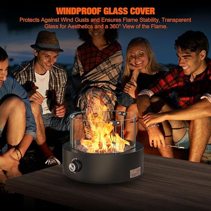 ONLYFIRE OUTDOOR LIVING 15.7 Portable Propane Gas Fire Pit Side-Mounted Modern Tabletop Fireplace Smokeless Firepit with Glass Wind Guard for Patio Camping RV Tailgating 23000BTU Round FP038