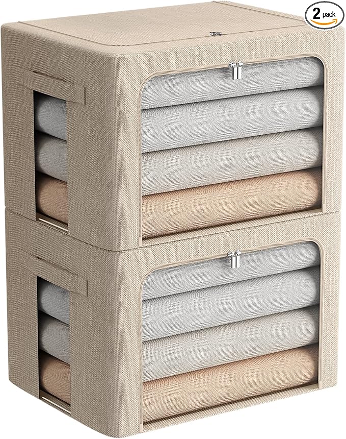FHSQX 2 Pack Clear Window Storage Bins - Large Stackable Linen Fabric Storage for Clothes Foldable Container Organizer Set with Carrying Handles (Beige 19.7x 15.7x 12.6 Inch)