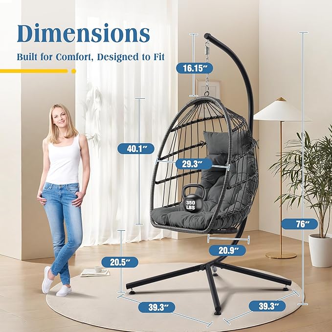 Hanging Egg Chair with Stand Foldable Hanging Chair with Cushion Wicker Rattan Hammock Swing Chair Indoor Outdoor Lounging Chair 350 LBS Capacity for Patio Bedroom Balcony Garden