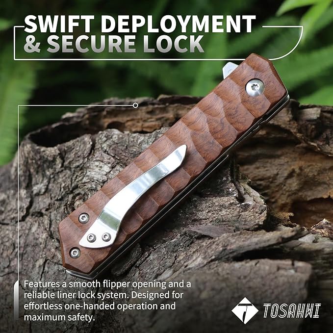 Damascus Steel Tanto Blade Pocket Knife With Rosewood Handle