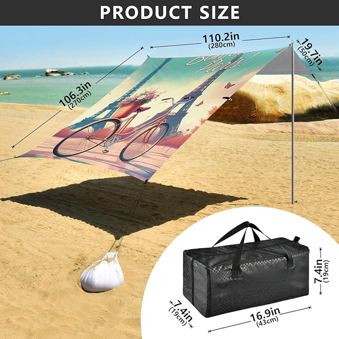 Beach Canopy with Windproof Ropes &amp Sandbags Beach Tent Sun Shade Sun Shelter for Camping Trips Fishing Backyard Fun or Picnics Eiffel Tower