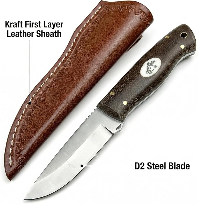 Fixed Blade Knife with Leather 3.54 D2 Steel Survival Knives for Camping Bushcraft Hunting Ergonomic Flax Handle Outdoor Survival Gear Gift for Men