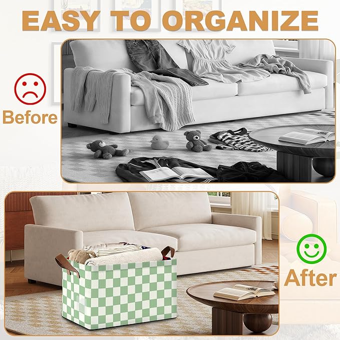 32L Large Storage Bins with Handles Basket Organizer for Shelves Closet Books Laundry &amp Home Decor (Racing Flag Grid)