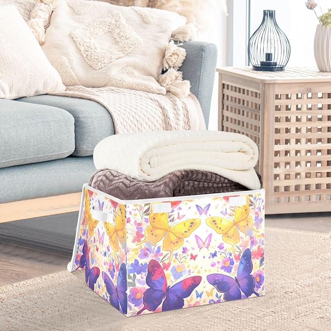 Bright Butterfly Lidded Storage Bins with Handles - 16.5x12.6x11.8 Foldable Organizing Box Oxford Fabric &amp Honeycomb Board Dust-Proof Flip Lid for Closet/Office