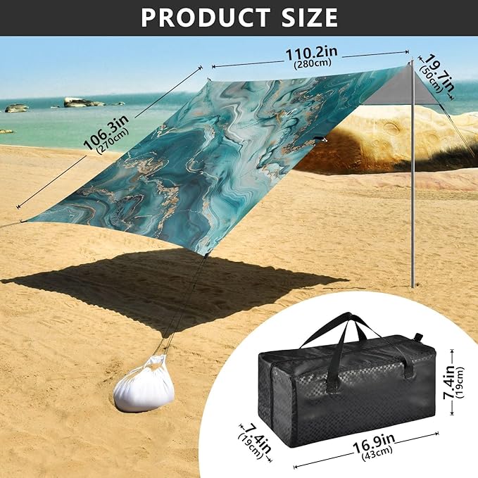 ALAZA Teal Blue Marble Beach Tent Sun Shelter Portable Canopy Sunshade for Outdoor Camping Picnics Backyard Fun 10x9 ft