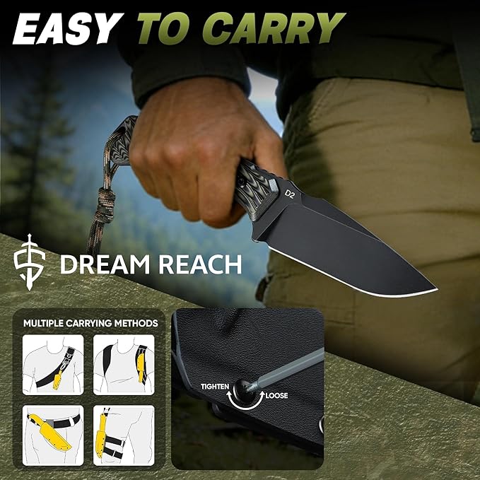 Dream Reach Fixed Blade Knife - D2 Steel Tactical Knife with Ergonomic Full Tang Handle and Kydex Sheath for Outdoor Camping Survival Gift for Men Women