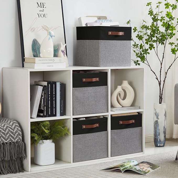 Collapsible Fabric Storage Cube Bins with 2 Reinforced PU Handles Foldable Storage Organizer Baskets for Closet Shelves Living Room | 11x11x11 4 Pack Black &amp Gray