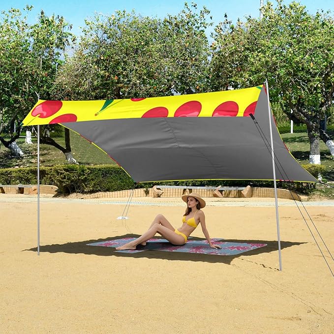 Beach Canopy with Windproof Ropes &amp Sandbags Beach Tent Sun Shade Sun Shelter for Camping Trips Fishing Backyard Fun or Picnics Red Cherries