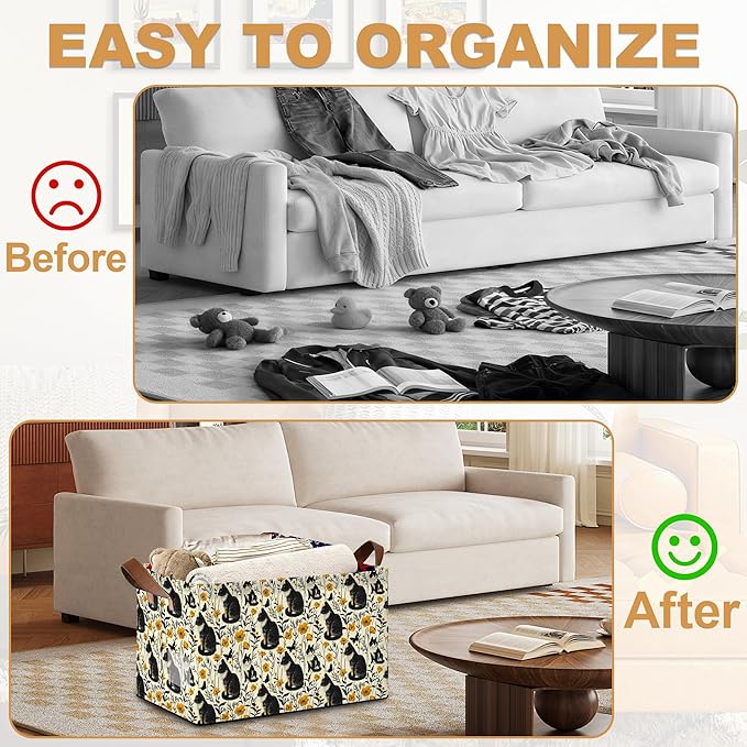 Black Cat Flower Storage Bin with Handles Basket Storage Organizer for Shelves Closet Nursery Book Laundry Hamper &amp Home Decor