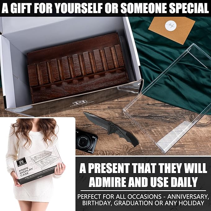 Pocket Knife Display Case for 16 Knives - Wooden Knife Collection Case Clear Cover - Two-Tier Knife Cases for Collections with a Removable Drawer Insert for Other EDC Items EDC Case - Brown