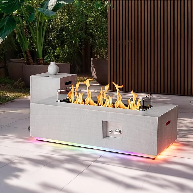 2-Piece 42 LED Rectangular Propane Fire Pit for Outside Patio with Hidden Tank Table 50000 BTU Fireplaces with Glass Wind Guard Lid Glass Rocks Cover(Light Grey w/RGB Light)