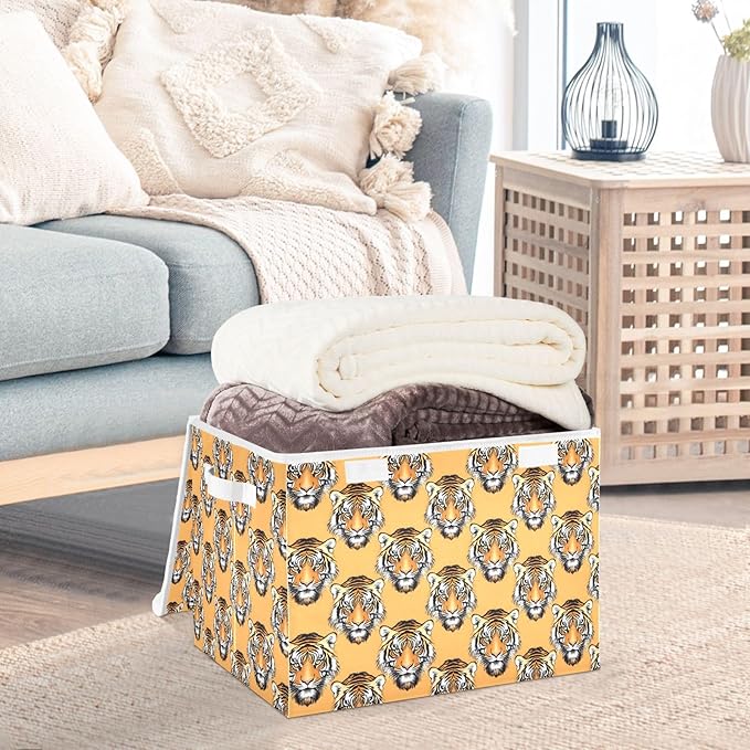 MNSRUU Containers Baskets with Lids Tiger Faces Foldable Storage Bins Organizer with Lid Collapsible Storage Boxes for Home Bedroom Closet Office